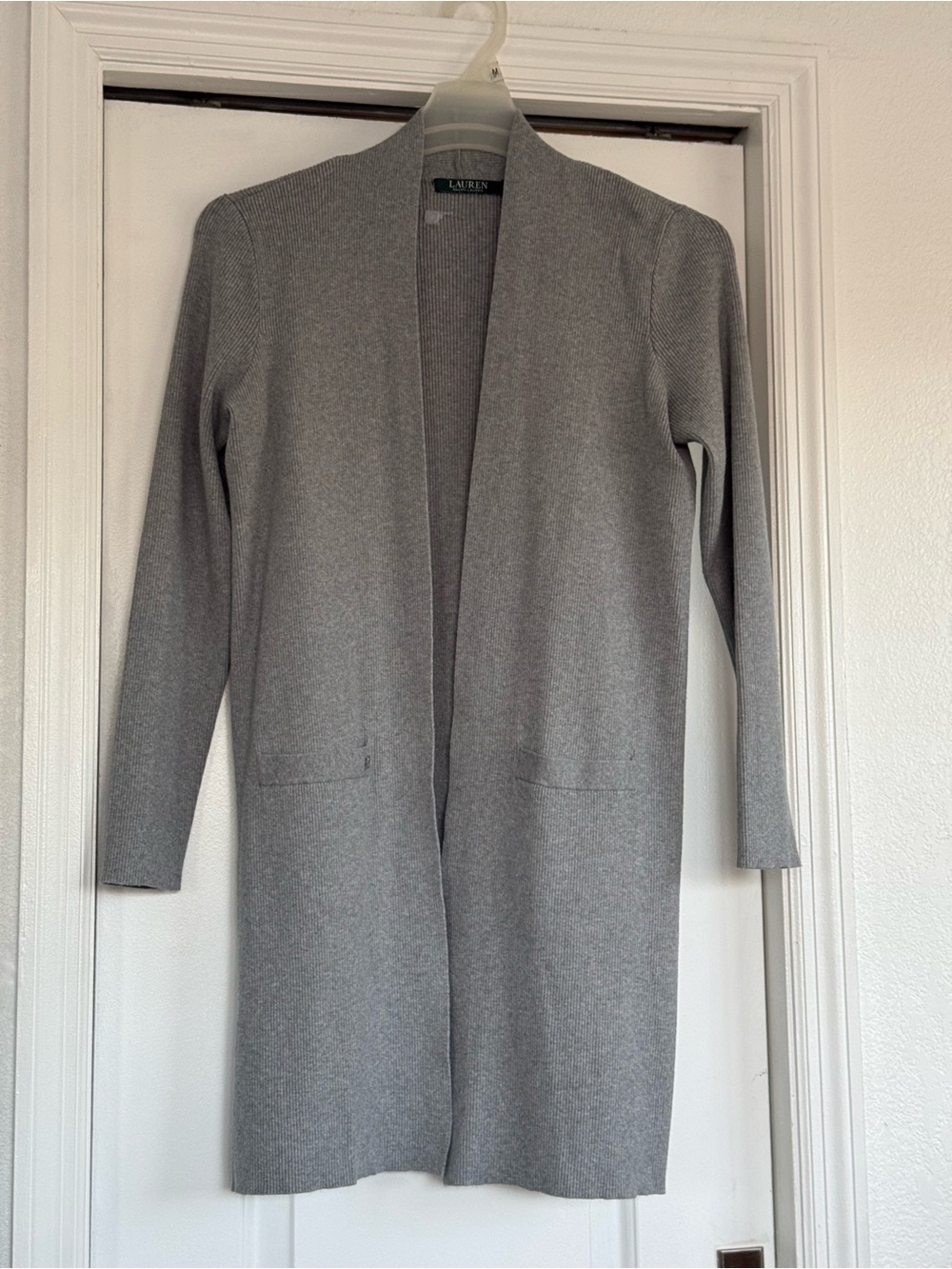 Lauren Ralph Lauren Light Gray Open-Front Long Cardigan